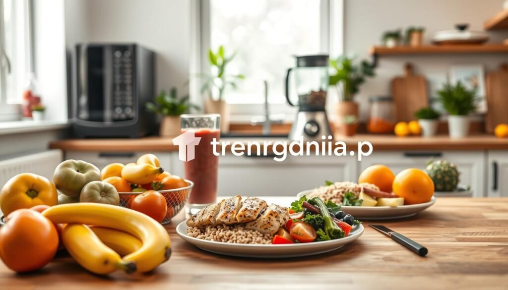 A modern kitchen setting showcasing a colorful and nutritious post-workout meal preparation. In the foreground, a wooden table is adorned with a vibrant assortment of fresh fruits, a protein shake in a stylish glass, and a neatly arranged plate with grilled chicken, quinoa, and steamed vegetables. In the middle, a well-lit countertop features a blender and cutting board, emphasizing the theme of healthy nutrition. Soft, natural lighting from a window bathes the scene, creating an inviting atmosphere. In the background, an organized kitchen with green potted plants adds freshness. This image should evoke a sense of vitality and wellness, ideal for promoting the importance of proper nutrition after physical activity. Include the brand name "treningdnia.pl" subtly in the scene.