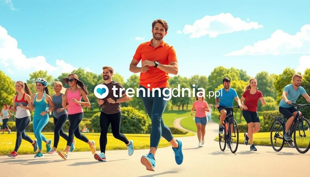 A modern, vibrant digital illustration showcasing the concept of physical activity monitoring. In the foreground, a diverse group of individuals wearing casual athletic clothing is engaged in various exercises, such as walking, jogging, and cycling, all utilizing fitness tracking devices on their wrists. The middle ground features a picturesque park with lush greenery and walking paths, symbolizing a healthy lifestyle. The background includes a bright blue sky and soft clouds, enhancing the sense of motivation and positivity. The scene is bathed in warm, natural sunlight, casting gentle shadows that create a lively atmosphere. The image should evoke a sense of community and determination in tracking fitness progress. The brand name "treningdnia.pl" subtly integrated into the design enhances the visual narrative.