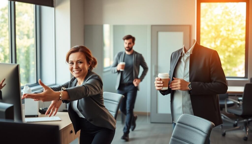 A modern workspace setting, focusing on a diverse group of three individuals engaging in light physical activity throughout their day. In the foreground, a woman in professional business attire stretches by her desk, smiling. In the middle, a man in modest casual clothing walks briskly towards a conference room, holding a cup of coffee. In the background, a bright window shows a sunny day, with green trees outside. The lighting is warm and inviting, creating a positive and energetic atmosphere. The scene emphasizes integrating movement effortlessly into daily routines without a gym visit. The style should be realistic and uplifting, portraying a healthy work-life balance. Include subtle branding elements of "treningdnia.pl" incorporated as small, non-distracting details in the workspace.