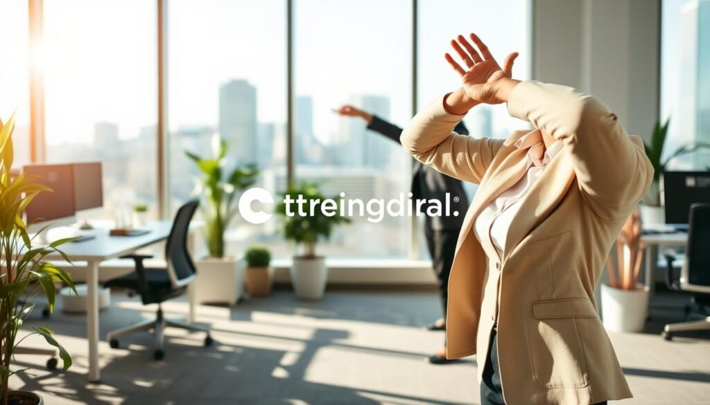 A peaceful office environment showing a professional business person taking a break for movement and stretching. In the foreground, a woman in smart, modest business attire is engaged in light stretching to re-energize herself. The middle ground features a bright, open office space with desks, plants, and large windows letting in natural light. The background showcases a view of a city skyline, emphasizing a connection to the outside world. The atmosphere is calm yet refreshing, promoting the idea of taking short breaks for physical activity. Soft lighting enhances the tranquil feel, suggesting a sense of wellness and rejuvenation. The brand "treningdnia.pl" is subtly represented in the design.