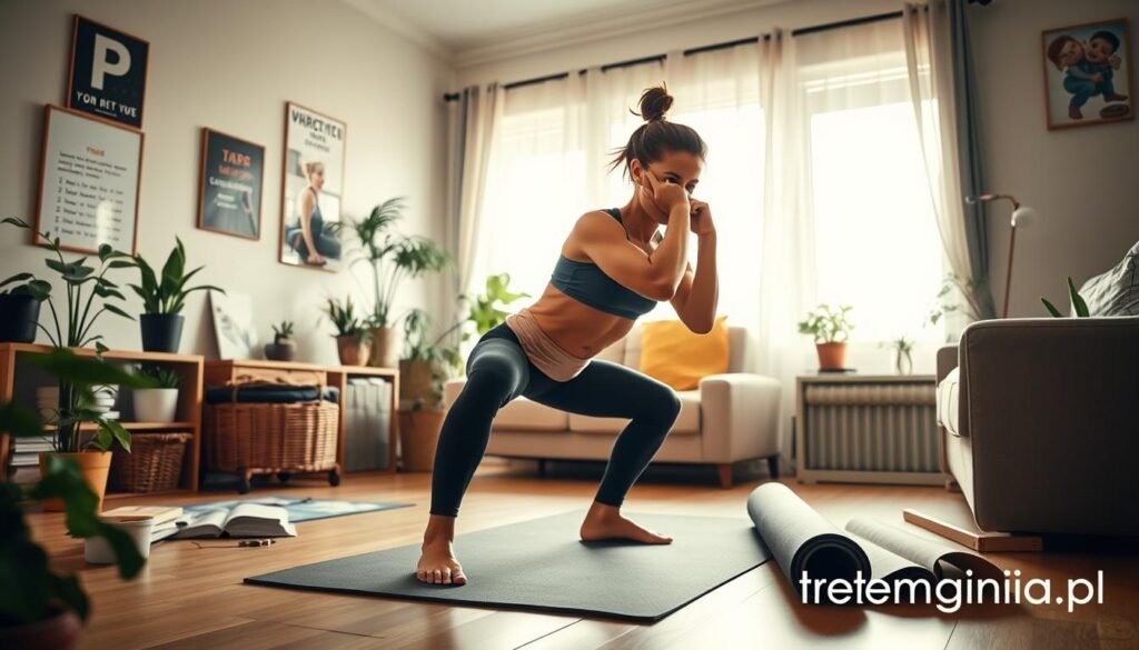A person exercising indoors in a cozy living room setting, demonstrating common mistakes in home workouts. The foreground features a determined individual in modest athletic wear, performing an incorrect squat with poor form. In the middle ground, a yoga mat is unrolled, and exercise books are scattered around, illustrating a learning environment. The background shows a bright window with natural light pouring in, plants for a fresh vibe, and motivational posters. The atmosphere feels encouraging yet educational, with a focus on improvement. Use a warm color palette to convey a safe and welcoming space for beginners. The logo "treningdnia.pl" should subtly blend into the scene.