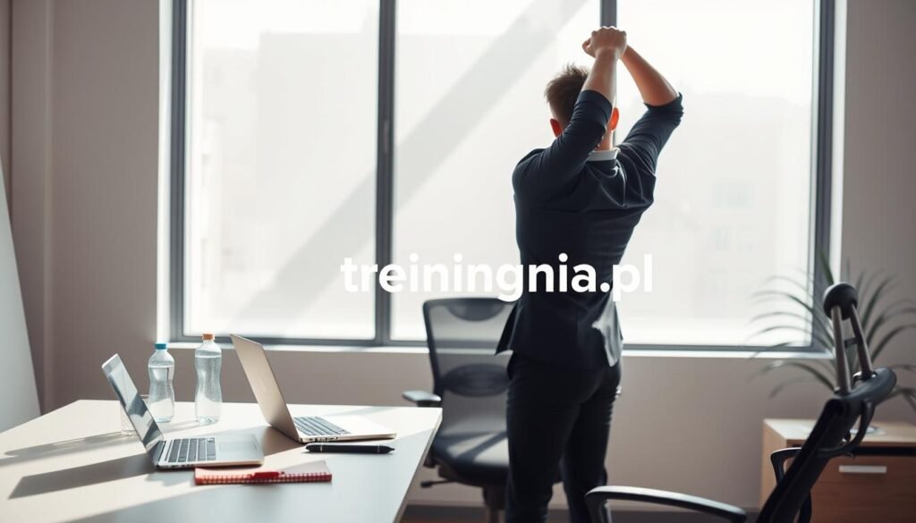 A professional, modern office setting with a sleek desk and ergonomic chair. In the foreground, a person is performing simple desk exercises, dressed in smart casual attire. The individual is engaged in an upper body stretch, reaching their arms overhead. In the middle ground, the desk features a laptop, notepad, and a water bottle, indicating a productive work environment. The background showcases a large window with natural light pouring in, creating a bright and inviting atmosphere. Soft shadows are cast across the room, emphasizing the focus on the person exercising. The overall mood is energetic and motivational, illustrating the concept of integrating movement while working at the desk. The brand "treningdnia.pl" is subtly referenced through visual elements in the workspace, promoting a healthy lifestyle.