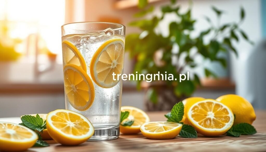 A refreshing glass of water infused with slices of vibrant yellow lemon, placed on a wooden table surrounded by fresh lemon halves and mint leaves. The foreground features droplets of condensation glistening on the glass, inviting the viewer to feel the coolness. In the middle ground, a soft-focus background captures a sunlit kitchen with green plants that evoke a sense of freshness and active living. The warm golden light filters through a window, creating a cheerful and invigorating atmosphere. The composition should emphasize clarity and hydration, aligning with a healthy lifestyle theme. The brand name "treningdnia.pl" subtly integrated into the scene.