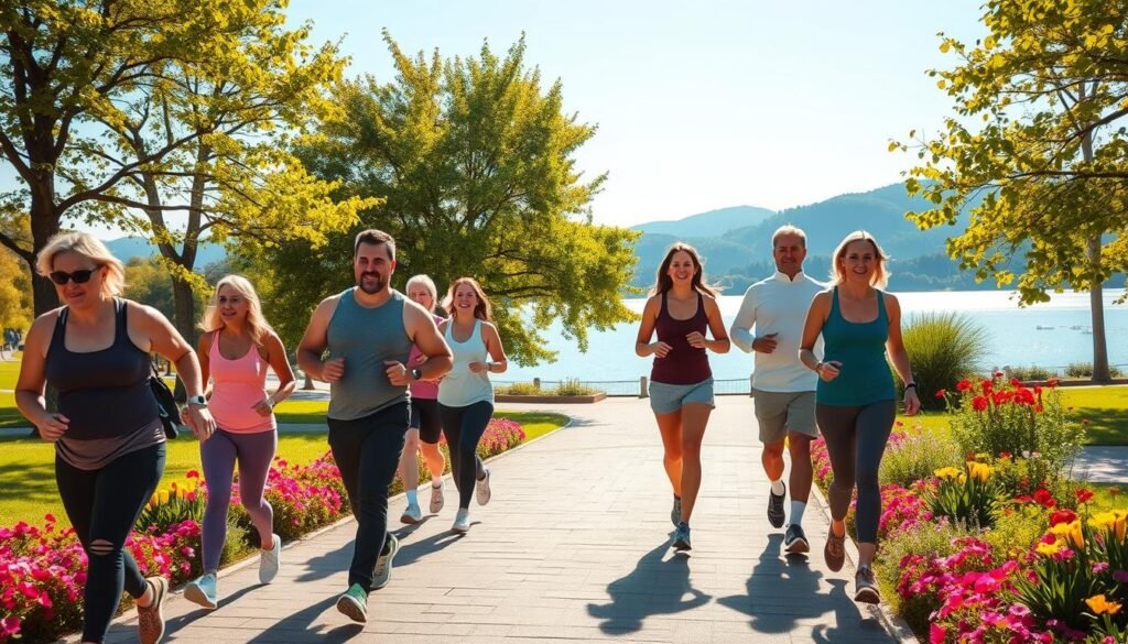 A scenic park pathway filled with sunlight, showcasing individuals engaging in a brisk walk, wearing comfortable activewear. In the foreground, a diverse group of adults with various body types and ages are walking together, highlighting their strong muscles and healthy bones, embodying vitality and energy. In the middle ground, lush green trees and vibrant flowers frame the pathway, symbolizing health and nature. The background features a soft focus of a tranquil lake and distant hills beneath a clear blue sky, enhancing the mood of serenity and well-being. The light is warm and uplifting, casting gentle shadows to create depth. This image is intended for "treningdnia.pl," capturing the positive impact of walking on musculoskeletal health.