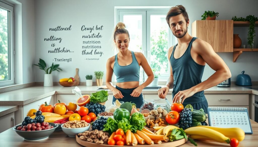 A serene and inviting kitchen scene, featuring a beautifully arranged table with an array of colorful whole foods, such as fresh fruits, vegetables, nuts, and lean proteins. In the foreground, a confident individual in modest, casual workout attire is preparing a healthy meal, demonstrating the harmony of diet and fitness. The middle ground captures a wall with inspirational quotes about nutrition and health, while soft daylight streams in from a window, creating a warm and nurturing atmosphere. The background features greenery through the window, adding a sense of vitality and growth. The overall mood is empowering and uplifting, reflecting the essential role of diet and regeneration in body shaping. The image should subtly incorporate the brand name "treningdnia.pl" within the kitchen decor elements, such as on a decorative calendar or a recipe book on the table.