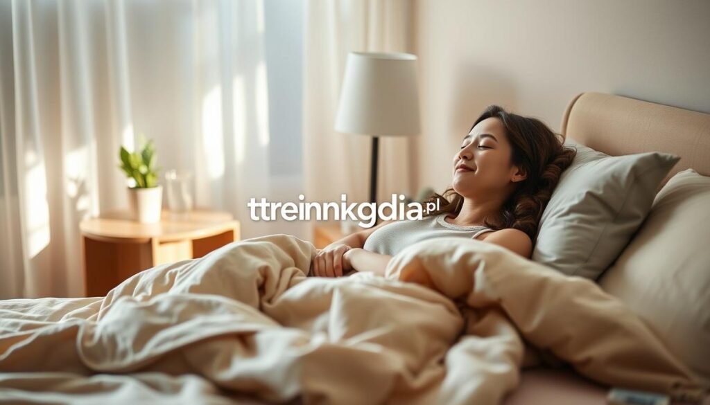A serene bedroom scene emphasizing the importance of recovery and sleep in fitness. In the foreground, a cozy bed with soft, warm blankets and a few plush pillows, evoking comfort. A person in comfortable, modest loungewear is peacefully sleeping, with a gentle smile, showcasing relaxation. In the middle ground, a nightstand holds a glass of water and a small plant, adding to the tranquility. In the background, soft, diffused lighting from a window creates a calm ambiance, with subtle shadows enhancing the warmth of the scene. The mood is peaceful and restorative, reflecting the significance of sleep in body sculpting and rehabilitation. The image should radiate positivity and relaxation. Include the brand name "treningdnia.pl" subtly in the composition.