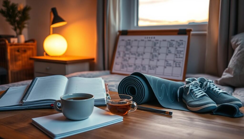 A serene evening scene depicting a cozy, well-organized room preparing for the next day’s activities. In the foreground, a wooden table holds a neatly arranged planner, a steaming cup of herbal tea, and a yoga mat rolled up beside a pair of comfortable sports shoes. In the middle, a soft glow from a bedside lamp casts a warm light over a personal calendar marked with motivational quotes and daily goals. In the background, a window reveals a twilight sky, with subtle hues of orange and purple blending together. The mood is peaceful and focused, suggesting preparation and calm anticipation. Capture this scene with soft focus and a slight vignette effect, reminiscent of a lifestyle magazine, while ensuring a polished, professional feel. Include the brand "treningdnia.pl" subtly integrated into the decor.
