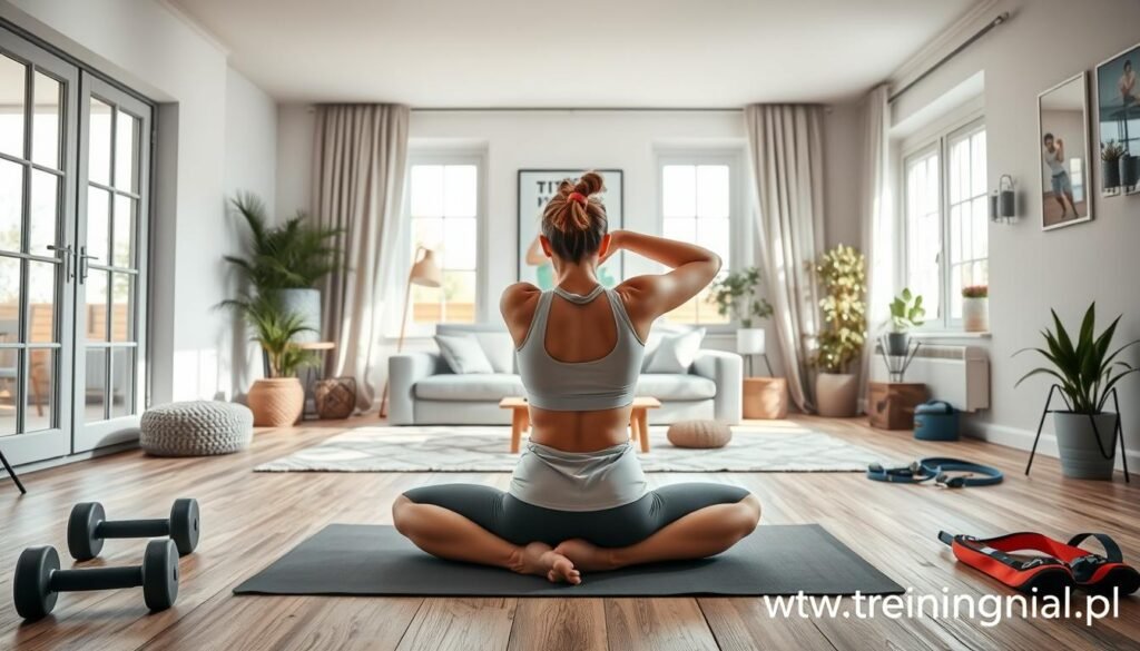 A serene home gym environment showcasing an individual in modest athletic wear, engaging in a recovery session. In the foreground, the person is practicing gentle stretching on a yoga mat, surrounded by fitness accessories like dumbbells and resistance bands. The middle layer features a cozy living area with a fitness poster on the wall, promoting healthy recovery techniques. The background displays large windows letting in soft, natural light, creating an inviting and tranquil atmosphere. The scene should convey a sense of calm and focus on self-care and regeneration. The colors are soothing pastels, emphasizing relaxation. Include subtle branding elements of "treningdnia.pl" in the decor, enhancing the theme of home workout effectiveness.