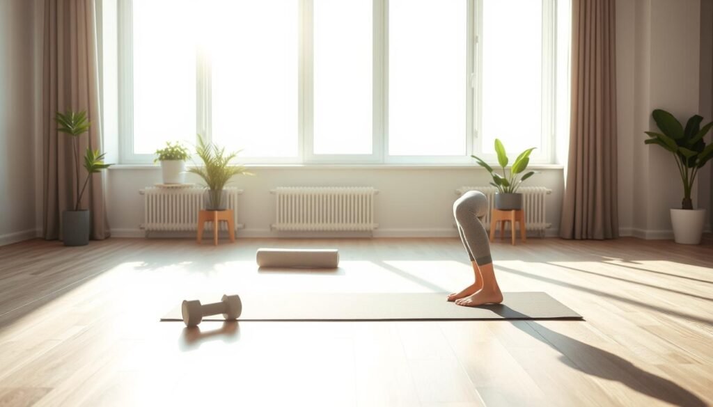 A serene indoor fitness space with soft, natural lighting illuminating a beginner-friendly exercise routine. In the foreground, a person in modest casual athleisure clothing performs stationary lunges, showcasing proper form and balance, with a focus on their strong posture. The middle ground features a simple exercise mat and a couple of light dumbbells for added weight training. The background includes a calm, inviting environment, such as a large window with green plants and a gentle breeze, enhancing the mood of tranquility and motivation. This scene encapsulates the importance of balance and strength in fitness for beginners, reflecting the theme of accessible daily movement. Visual branding: treningdnia.pl.