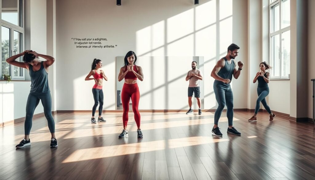 A serene indoor fitness studio with natural light streaming through large windows, casting gentle shadows on the polished wooden floor. In the foreground, a diverse group of three individuals, dressed in professional athletic wear, are engaged in various exercises that represent different intensities. One person demonstrates a low-intensity stretching routine, another is performing a moderate-strength exercise with weights, and the third is engaged in a high-intensity interval training activity. In the middle, a large wall mirror reflects their efforts, emphasizing the concept of intensity adjustment. In the background, motivational quotes are subtly displayed on the walls, enhancing the atmosphere of determination and self-improvement. The scene conveys a motivating and supportive environment for fitness enthusiasts, embodying the essence of "treningdnia.pl".