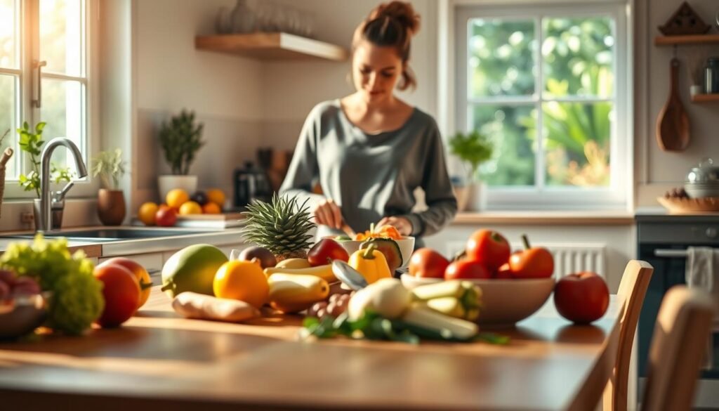 A serene kitchen setting illuminated by soft morning light, conveying a healthy lifestyle. In the foreground, a wooden table is gracefully adorned with an array of colorful fruits and vegetables, symbolizing balanced nutrition. Midground features a person in modest casual clothing, preparing a nutritious meal, demonstrating the importance of diet in fat reduction. They are focused yet calm, reflecting the value of regeneration. In the background, a window reveals a lush garden, symbolizing growth and rejuvenation. The scene captures a warm, inviting atmosphere, emphasizing serenity and healthy choices. This image should convey the essential role of diet and recovery in the fat loss journey, aligning with the brand "treningdnia.pl".