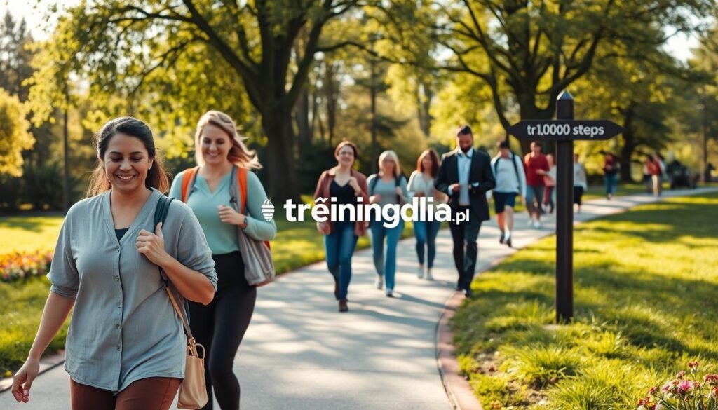A serene landscape featuring a diverse group of people walking in a park. In the foreground, a woman in modest casual clothing is stepping confidently, her expression reflecting joy and determination. Nearby, a man in business attire checks a fitness tracker, symbolizing the connection to daily activity. In the middle ground, families and individuals of various ages stroll along a winding path, surrounded by lush greenery and blooming flowers, enhancing the atmosphere of vitality. In the background, sunlight filters through the trees, casting gentle shadows and creating a warm, inviting ambiance. The scene conveys a sense of community and the motivation to reach daily step goals, epitomizing the popular notion of "10,000 steps." The branding "treningdnia.pl" subtly integrated into the scene with a signpost.