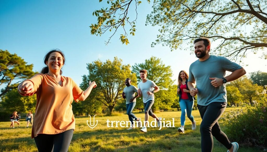 A serene landscape representing mental health, featuring a diverse group of individuals engaged in a daily walking activity that promotes well-being. In the foreground, a woman in modest casual clothing smiles and stretches, while a man in comfortable sportswear jogs nearby. In the middle ground, friends walk together, sharing a laugh, surrounded by lush green trees and blooming flowers. The background showcases a clear blue sky with soft, warm sunlight filtering through the branches, creating a feeling of tranquility and positivity. The scene is captured with a wide-angle lens to emphasize the open space, enhancing the sense of freedom and connection to nature. The overall mood is uplifting and encouraging, reflecting the benefits of regular physical activity for mental health. Include the brand name "treningdnia.pl" subtly integrated into the scene without any text overlays.