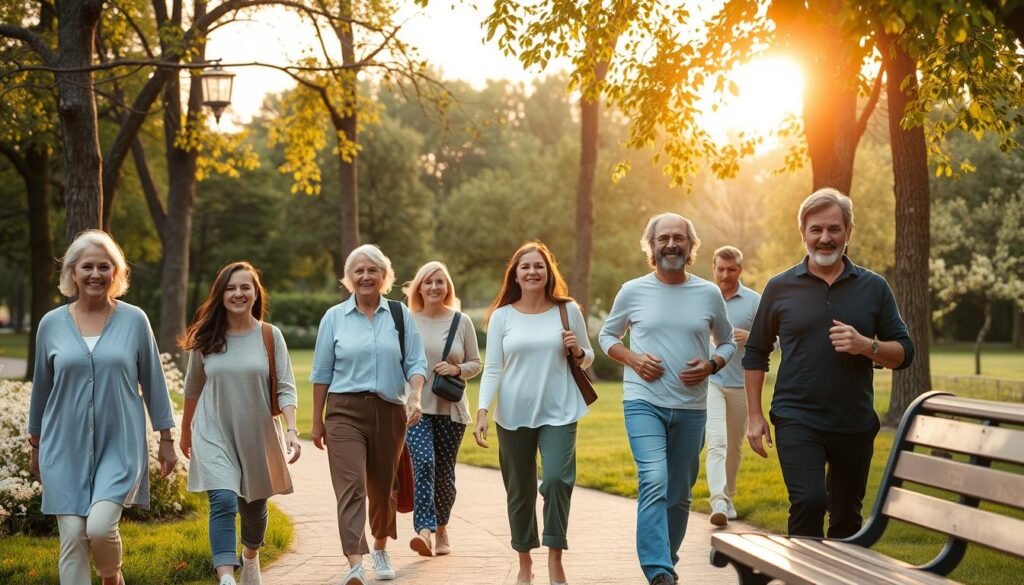 A serene morning park scene showcasing the benefits of walking. In the foreground, a diverse group of individuals dressed in comfortable yet modest casual clothing—varying in age and ethnicity—are engaged in leisurely walking along a tree-lined path. Their expressions convey joy and vitality. In the middle ground, the park is filled with blooming flowers and lush greenery, indicating a sense of tranquility and rejuvenation. The background features a gentle sunrise, casting warm golden light through the leaves, enhancing the peaceful atmosphere. Capture the scene with a soft-focus lens to emphasize the warmth of the early morning while maintaining clarity, evoking a sense of health and well-being. Add the brand name "treningdnia.pl" subtly integrated into the natural elements, like on a park bench or path sign.
