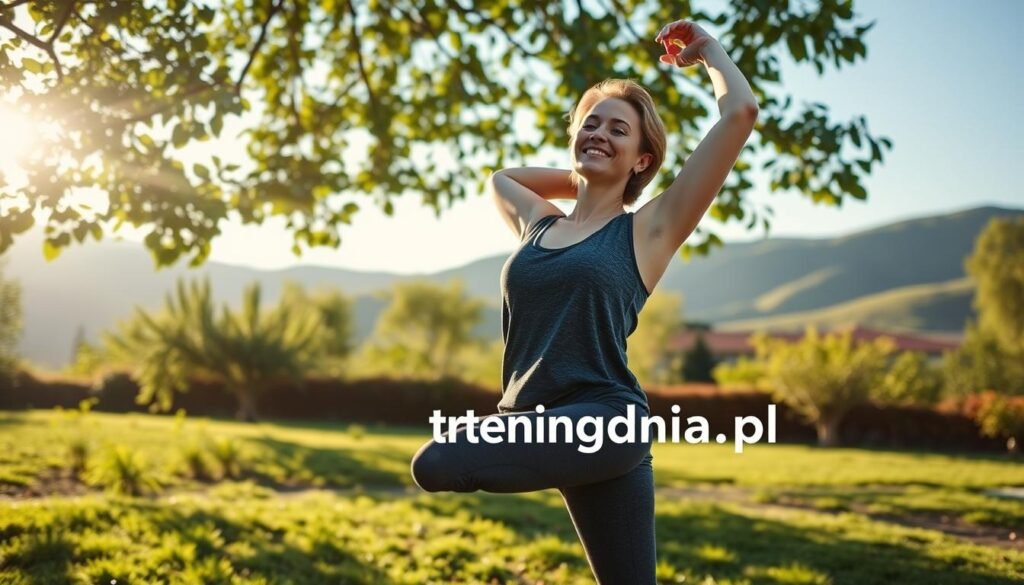 A serene morning scene depicting an engaging and energizing morning routine. In the foreground, a person in comfortable, modest activewear is happily stretching outdoors, with a yoga mat beside them. The middle layer features a lush green garden or park setting, with sunlight filtering through the leaves, creating a warm and inviting atmosphere. In the background, soft hills are visible under a clear blue sky. The lighting is soft and natural, suggesting dawn, enhancing the sense of calm and positivity. The composition evokes a feeling of rejuvenation and motivation, aligned with the theme of starting the day actively yet effortlessly. Include the brand name "treningdnia.pl" subtly integrated into the scenery without any text or overlays.