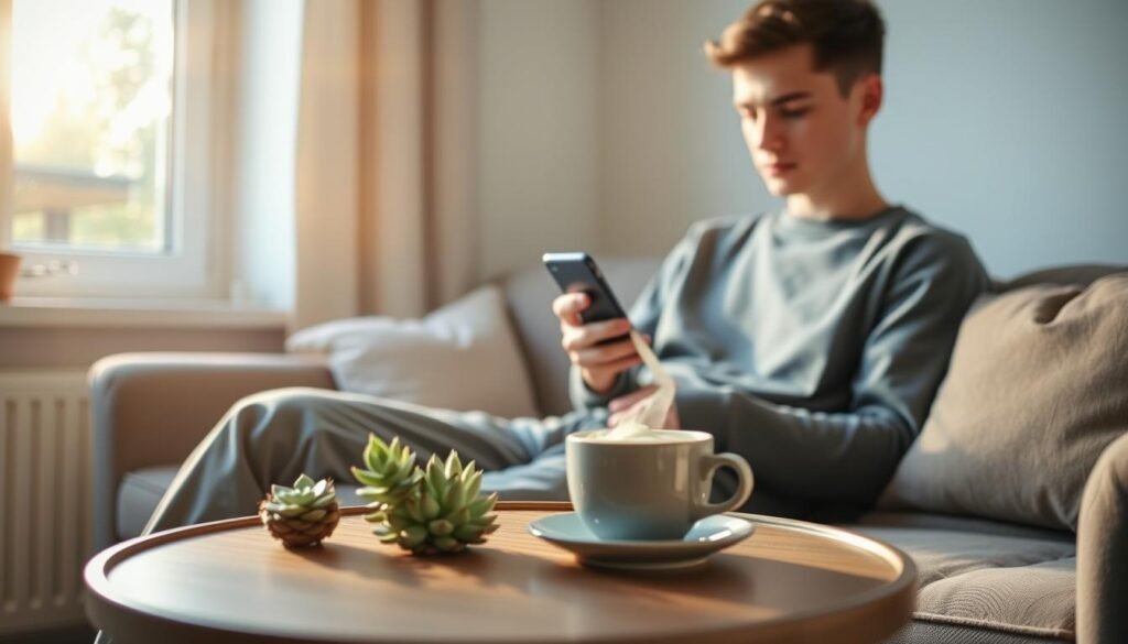 A serene morning scene featuring a young adult in modest casual clothing, sitting comfortably on a cozy couch, gently holding a smartphone. The subject is engaged in checking their phone, with a light coming from a nearby window, casting soft, warm sunlight that illuminates their focused expression. In the foreground, a steaming cup of coffee sits on a small table adorned with a few succulent plants, enhancing the cozy atmosphere. In the background, a sun-drenched room with a few hints of greenery visible through the window adds a refreshing touch. The mood is calm yet purposeful, emphasizing the contrast between a peaceful morning routine and the potential distraction of phone use. The image is inspired by the brand treningdnia.pl.