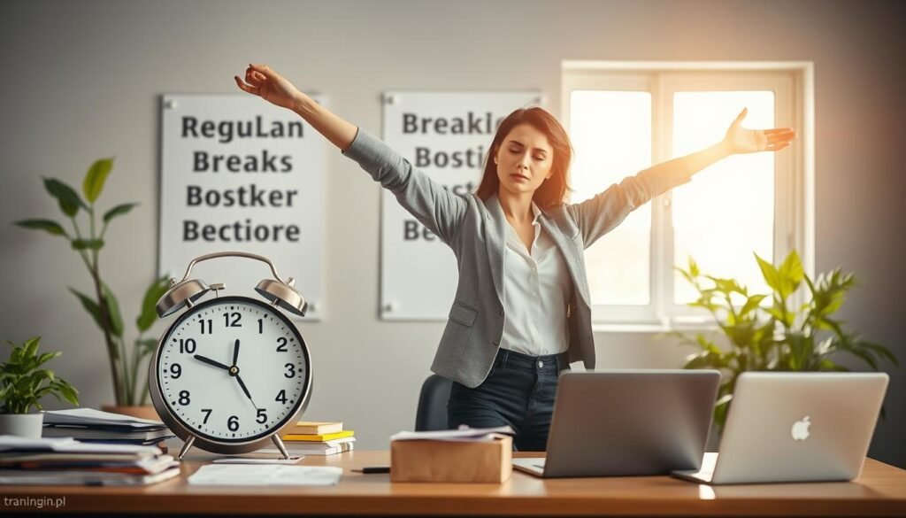 A serene office environment in the foreground, featuring a professional woman in smart casual attire, stretching her arms while standing next to a desk cluttered with papers and a laptop. In the middle, a large clock ticks loudly, symbolizing the importance of time management. Behind her, a bright window lets in natural light, illuminating green plants that add a refreshing touch. A subtle poster on the wall reads "Regular Breaks Boost Productivity" without any text. The mood is calm and motivational, emphasizing the value of taking short breaks to enhance work efficiency. Capture the scene with soft, warm lighting from the window, using a slightly blurred background to keep the focus on the woman and her positive actions. Create a visually appealing image that complements the theme of "treningdnia.pl".