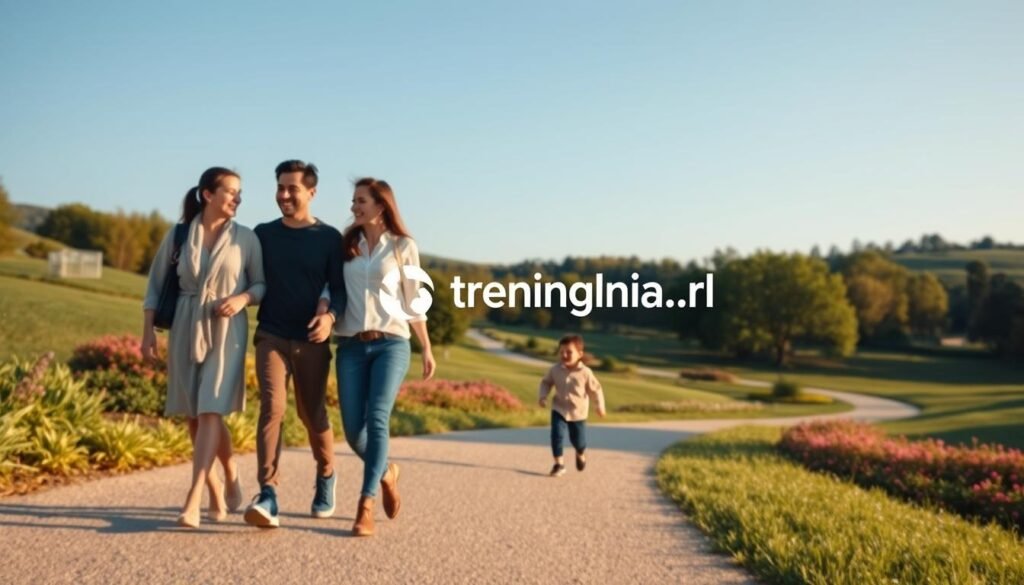 A serene outdoor scene capturing the essence of a peaceful walk in nature. In the foreground, a diverse group of three people in modest casual clothing—two adults walking side by side, discussing and smiling, and a child playfully skipping ahead of them. In the middle ground, a well-maintained park with winding paths surrounded by lush greenery and blooming flowers, inviting a sense of tranquility. In the background, soft hills and trees stretch toward a clear blue sky, casting gentle shadows on the path. The lighting is golden, suggesting a late afternoon, enhancing the warm and uplifting atmosphere. The composition invites viewers to appreciate walking as a simple yet effective way to stay active, complemented by the brand logo "treningdnia.pl" subtly integrated into the landscape.
