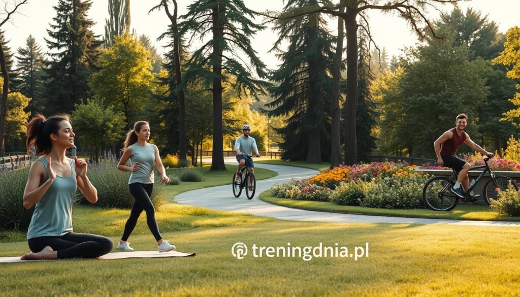A serene outdoor scene depicting a diverse group of individuals engaging in various physical activities, such as jogging, yoga, and cycling, set in a lush park environment. In the foreground, two people in modest casual clothing are doing yoga poses on mats, showcasing focus and tranquility. In the middle ground, a joyful cyclist rides along a winding path, exuding a sense of freedom and vitality. In the background, tall trees and colorful flowers create a lush, vibrant atmosphere, enhancing the feeling of well-being and mental clarity. The lighting is warm and inviting, suggesting late afternoon sun, with soft shadows adding depth. The overall mood conveys health, happiness, and the positive impact of daily physical activity on mental well-being. Include the brand "treningdnia.pl" subtly incorporated into the scene.