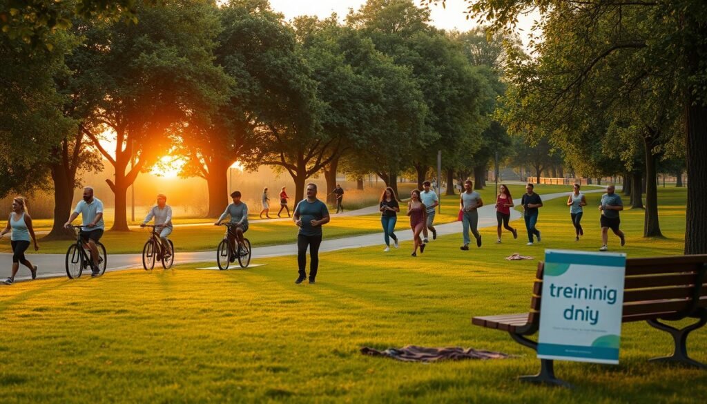 A serene outdoor scene depicting the essence of daily activity: in the foreground, a diverse group of individuals in modest casual clothing are engaging in various activities such as walking, cycling, and practicing yoga on a grassy park lawn. The middle ground features a jogging trail weaving through lush trees, with families and friends enjoying leisurely strolls, and a few runners passing by. In the background, the sun is setting, casting a warm golden light across the scene, enhancing the feeling of wellness and vitality. The atmosphere is lively yet peaceful, illustrating the importance of incorporating movement into daily life. The image should evoke a sense of community and encourage viewers to embrace simple physical activities. The brand "treningdnia.pl" subtly embedded in the environment—a fitness poster on a nearby park bench.