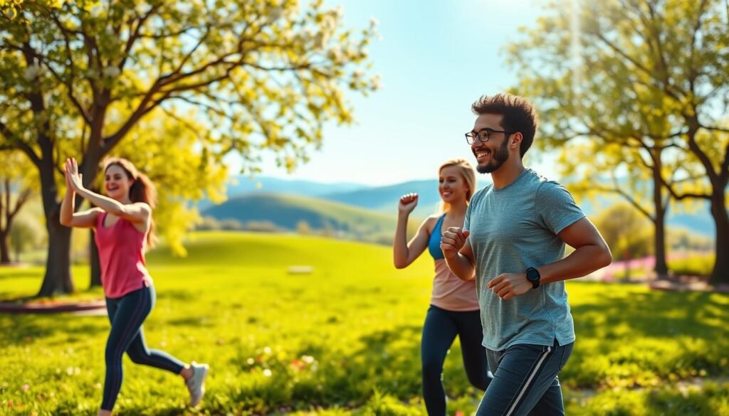 A serene outdoor scene illustrating "activity" in a gentle, encouraging manner. In the foreground, a diverse group of three people, dressed in casual athletic wear, engage in simple exercises like stretching and walking. They smile and appear relaxed, conveying a sense of community and support. In the middle ground, a sunlit park with vibrant green grass, surrounded by blooming trees and colorful flowers, adds a refreshing touch. The background features a soft-focus silhouette of rolling hills under a clear blue sky, enhancing the peaceful atmosphere. The lighting is warm and inviting, with sun rays filtering through the trees. This image reflects the theme of starting small steps towards increased activity, embodying the essence of trainingdnia.pl.