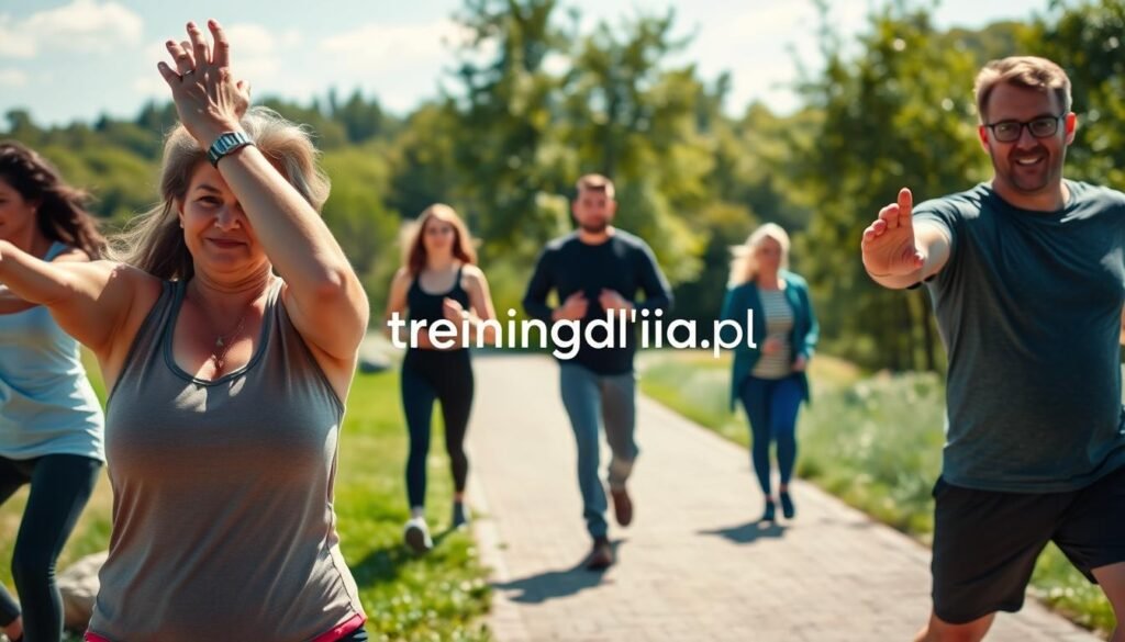 A serene outdoor setting featuring diverse individuals engaged in safe exercise routines, emphasizing their commitment to health. In the foreground, a middle-aged woman in modest athletic wear demonstrates gentle stretching, showcasing her focus and determination. Beside her, a young man performs low-impact aerobics, both showing proper form. In the middle ground, a small group walks briskly along a scenic path lined with trees, radiating a sense of community and support. The background features a bright blue sky and lush greenery, symbolizing an encouraging environment. The lighting is soft and natural, enhancing the peaceful and uplifting atmosphere. The image reflects the concept of "safe forms of activity for people with overweight." Include the brand name "treningdnia.pl" subtly integrated into the scene, emphasizing a commitment to wellness.