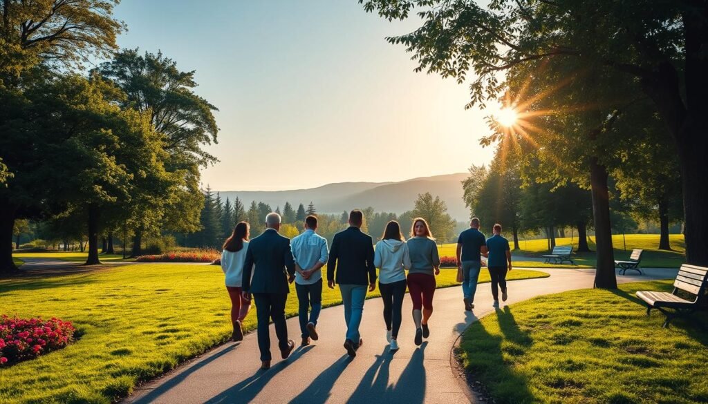 A serene park landscape at dawn, with soft morning light filtering through leafy trees. In the foreground, a diverse group of people, dressed in smart casual attire, are walking along a winding path, embodying the positive habit of daily walks. The middle ground includes vibrant flowers and benches, hinting at a well-maintained environment encouraging outdoor activity. In the background, gentle hills roll under a clear blue sky, creating a tranquil and inspiring atmosphere. The overall mood is uplifting and motivating, promoting the benefits of incorporating walking into one's daily routine for health and wellness. The setting is aligned with themes from treningdnia.pl, emphasizing the importance of active lifestyles.