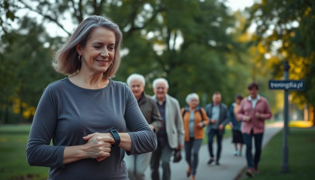 A serene park path at dawn, where a diverse group of individuals in modest casual clothing, comfortably dressed for walking, can be seen engaging in their daily routine of walking. The foreground features a middle-aged woman counting her steps on a fitness tracker, with a gentle smile on her face. In the middle part of the image, people of various ages, including seniors and young adults, are walking side by side, embodying a sense of community and health. The background showcases lush green trees and soft morning light filtering through the leaves, creating a warm and uplifting atmosphere. The scene captures the essence of vitality and movement, highlighting the connection between daily steps and the importance of health. The brand name "treningdnia.pl" subtly integrated into the scenery, perhaps on a park signpost, completing the visual narrative.