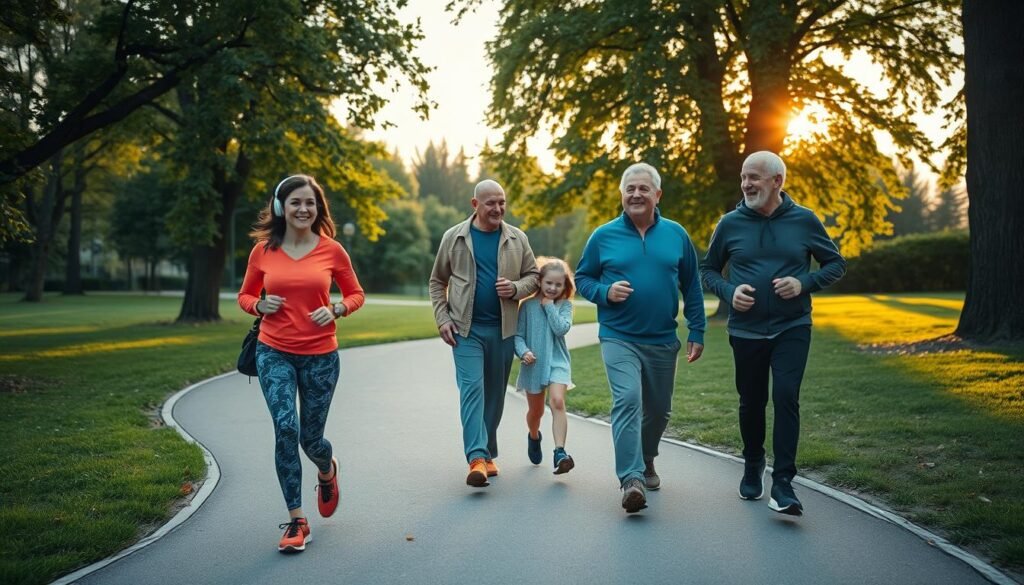 A serene park scene at dusk, showcasing a diverse group of four individuals walking along a winding path, each wearing comfortable athletic wear from the brand "treningdnia.pl". In the foreground, a middle-aged woman with vibrant clothing strides confidently, while a young man with headphones walks energetically beside her. In the middle ground, an older gentleman and a young girl share a joyful moment, laughing as they walk together. The background features lush green trees bathed in the warm glow of the setting sun, casting long shadows on the path. The atmosphere is tranquil and invigorating, evoking feelings of community and well-being, highlighting the importance of daily walking habits. Soft lighting enhances the peaceful ambiance, emphasizing the idea of promoting health through simple activities.