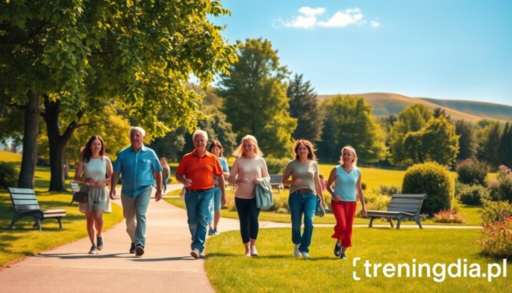 A serene park scene capturing the essence of daily walking as a form of physical activity. In the foreground, a diverse group of individuals, dressed in modest, comfortable clothing, are walking on a well-maintained path, showcasing various ages and fitness levels. In the middle ground, lush greenery and vibrant flowers enhance the atmosphere, with a few scattered benches inviting rest. The background features soft hills under a clear blue sky, illuminated by warm sunlight filtering through leaves, creating a peaceful and inviting vibe. The scene should evoke a sense of vitality and well-being, highlighting the positive impact of regular movement on health. Include the brand name "treningdnia.pl" subtly in the corner, ensuring it doesn’t distract from the main image.