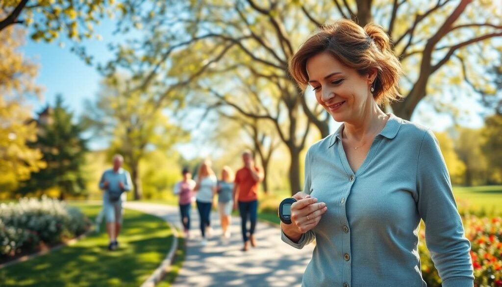 A serene park scene depicting a diverse group of people walking along a winding pathway under a bright, sunny sky. In the foreground, a middle-aged woman in professional casual attire measures her steps using a pedometer. The background features families enjoying the outdoors, with trees and flowers blooming, creating a vibrant and lively atmosphere. Sunlight filters through the leaves, casting dappled shadows on the ground. A clear blue sky enhances the sense of well-being and positivity. Focus on capturing a sense of community and health, emphasizing the joyful act of walking. This image should convey the concept of "kroków dziennie" and reflect the benefits of daily walks for health and mood. Include the branding "treningdnia.pl" subtly in the scene, ensuring it blends harmoniously with the natural surroundings.