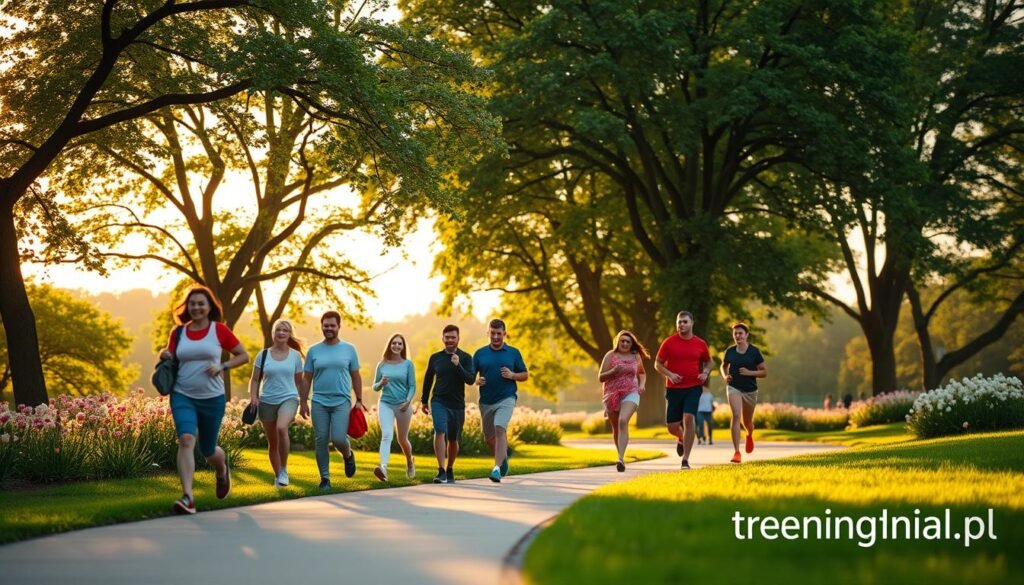 A serene park scene in the foreground showcasing a diverse group of individuals walking briskly on a scenic path, embodying the concept of "10,000 steps a day." The middle ground features lush greenery with blooming flowers and trees providing shade, promoting a sense of vitality and health. In the background, a warm golden hour light bathes the scene, creating a vibrant yet calming atmosphere, suggesting early evening strolls. Capture a smooth perspective through a wide-angle lens to emphasize the camaraderie among walkers and the beauty of nature. The mood should inspire motivation and well-being, highlighting the role of regular walking in diabetes prevention and weight management. The image should subtly incorporate the brand "treningdnia.pl," enhancing the theme of health and fitness.