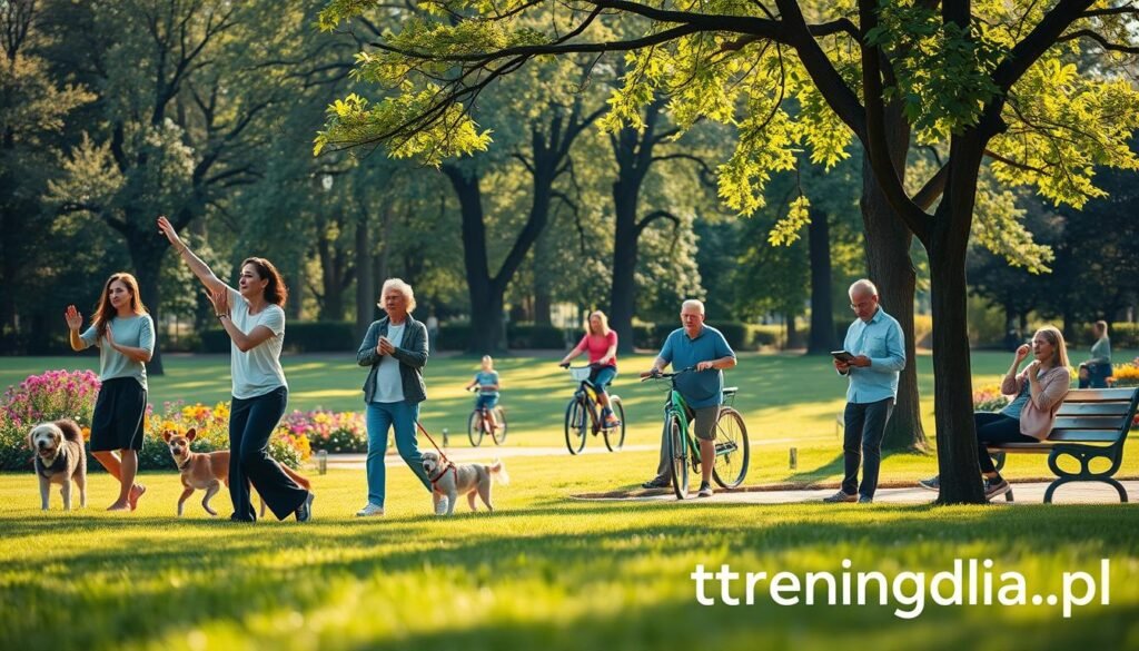 A serene park scene showcasing low-intensity activities suitable for everyday movement. In the foreground, a diverse group of people in modest casual clothing engages in gentle exercises: a woman practicing tai chi, a couple leisurely walking their dogs, and an elderly man stretching on a bench. In the middle ground, children are riding bicycles slowly and a person reading under a tree. The background features soft green grass, colorful flowers, and tall trees gently swaying in the breeze. The atmosphere is tranquil, with warm sunlight filtering through the leaves, casting dappled shadows. The image is captured with a soft focus lens, emphasizing warmth and community spirit. Include subtle branding for "treningdnia.pl" integrated into the scene, ensuring a friendly and inviting mood.