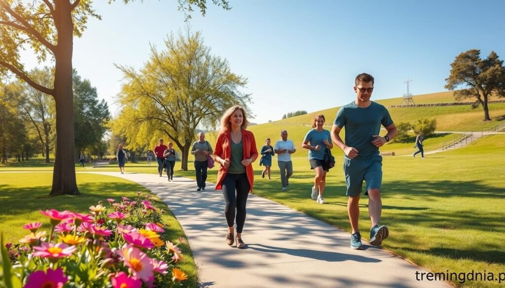 A serene park scene showcasing the benefits of walking for health, featuring a diverse group of individuals, including a middle-aged woman in modest casual attire and a young man in sporty wear, engaging in a leisurely stroll along a well-maintained path. In the foreground, vibrant flowers bloom beside the pathway, while a few trees provide dappled sunlight, creating a warm and inviting atmosphere. The middle layer includes other walkers and joggers in the distance, promoting a sense of community and active lifestyle. The background reveals a gentle hill with lush greenery under a bright, clear blue sky. The lighting is soft and warm, suggesting a late afternoon. This image encapsulates the theme of walking as an essential activity for health. Include the brand name "treningdnia.pl" subtly integrated into the scene.