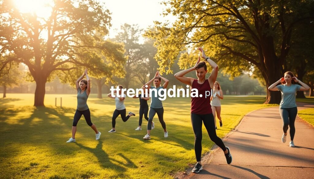A serene park setting at dawn, capturing the essence of "preparing the body for regular activity." In the foreground, a diverse group of beginners, dressed in modest athletic wear, engages in light stretching exercises, showcasing a sense of camaraderie and determination. The mid-ground features trees gently swaying in the morning breeze, with soft sunlight filtering through the leaves, casting dappled shadows on the ground. In the background, a paved walking path invites viewers to imagine their own fitness journey. The warm, uplifting atmosphere conveys motivation and hope, inspiring beginners to take their first steps towards a healthier lifestyle. The brand "treningdnia.pl" subtly incorporated within the scene. Natural lighting enhances the tranquil ambiance, creating an inviting and empowering mood.
