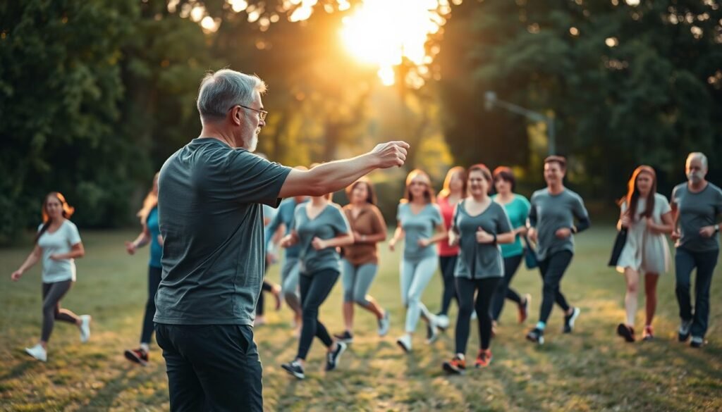A serene park setting at golden hour, where a diverse group of individuals, dressed in modest casual clothing, practice walking techniques that enhance physical fitness. In the foreground, focus on an experienced instructor demonstrating proper posture and arm movement, emphasizing the mechanics of effective walking. In the middle ground, participants are seen engaged in the activity, showcasing a variety of ages and body types, all displaying concentration and determination. The background features lush greenery and soft sunlight filtering through trees, creating an inviting, tranquil atmosphere. Capture the scene with a warm, natural light that highlights the participants' faces, using a slightly elevated angle to provide a comprehensive view of the technique in action. This image aligns with the theme of maximizing health benefits through walking as promoted by treningdnia.pl.