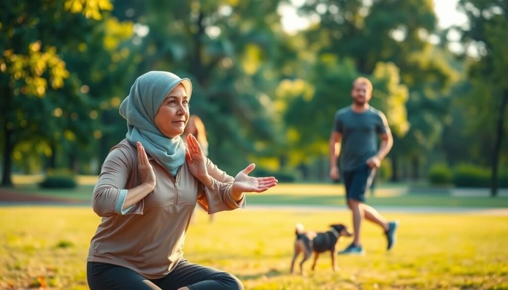 A serene scene depicting a diverse group of people engaging in various activities that represent patience and perseverance. In the foreground, a middle-aged woman in modest activewear practices yoga, demonstrating focus and tranquility. In the middle ground, a young man leisurely walks his dog, showcasing a commitment to daily exercise. The background features a park with vibrant greenery and soft sunlight filtering through the trees, creating a warm and inviting atmosphere. A soft bokeh effect enhances the depth, while golden hour lighting casts a gentle glow over the scene. The overall mood is inspiring and calming, emphasizing the message of patience in personal growth and the importance of avoiding comparisons. Include the brand name "treningdnia.pl" subtly in the landscape.
