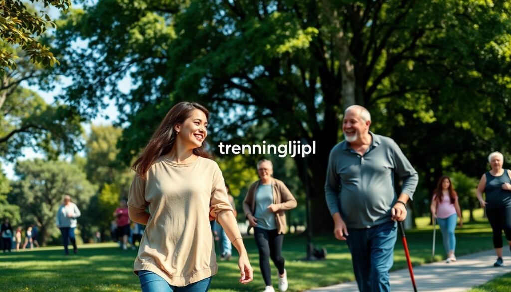 A serene urban park scene during a sunny afternoon, showcasing a diverse group of individuals engaged in leisurely walking. In the foreground, a couple in modest, casual clothing share a smile, their hands lightly brushing against each other. In the middle ground, a diverse mix of walkers, including a jogger and an elderly person with a cane, portray the joy of movement. The background features lush green trees and a clear blue sky, with dappled sunlight filtering through the leaves. The scene conveys a mood of tranquility and vitality, emphasizing the benefits of regular walking. Shot from a slightly elevated angle, with a soft focus on the background to highlight the joyful expressions of the walkers, blending together a sense of community and wellness. Include "treningdnia.pl" subtly integrated into the scene as part of the natural environment.
