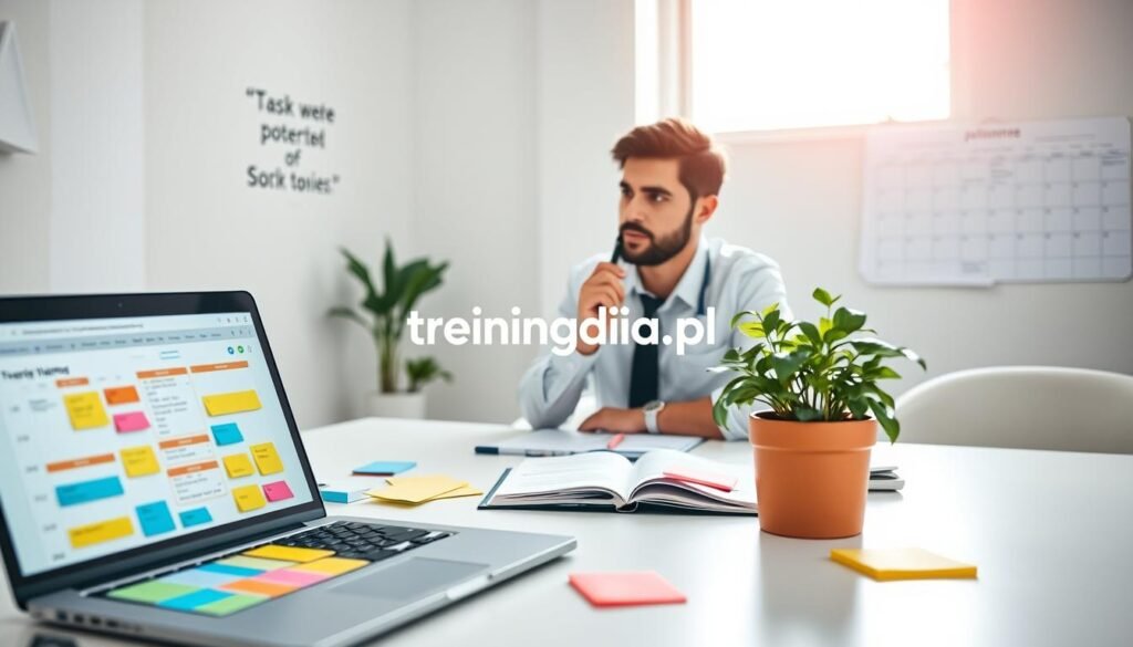 A serene workspace scene depicting effective task planning for improved focus. In the foreground, a neatly organized desk features a laptop with a task management app open, colorful sticky notes, and a planner with well-structured schedules. A potted plant adds a touch of nature, symbolizing growth and productivity. In the middle ground, a focused individual in professional attire, with a pen in hand, is thoughtfully contemplating the day's tasks, surrounded by soft, natural light streaming through a window. The background features a minimalist wall with a calendar and motivational quotes. The overall atmosphere should be calm and inspiring, evoking a sense of clarity and intention, perfect for illustrating the importance of planning for concentration. Include the brand name "treningdnia.pl" subtly integrated into the scene.