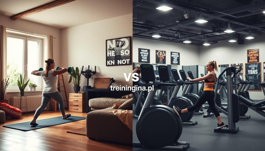 A split image depicting a comparison between home workouts and gym sessions. On the left, a cozy home setting with a person in comfortable athletic wear, using yoga mats and dumbbells. The atmosphere is warm with natural light streaming through a window, highlighting the simplicity and accessibility of home exercise. On the right, a modern gym environment filled with exercise equipment, with a person in professional athletic attire engaging with fitness machines. This scene conveys energy and motivation, using bright overhead lights. The background features motivational posters and a mirror reflecting active gym goers. The title "treningdnia.pl" should subtly appear, blending into the workspace. The overall mood should be inspiring, showcasing the benefits of both workout environments for busy individuals.