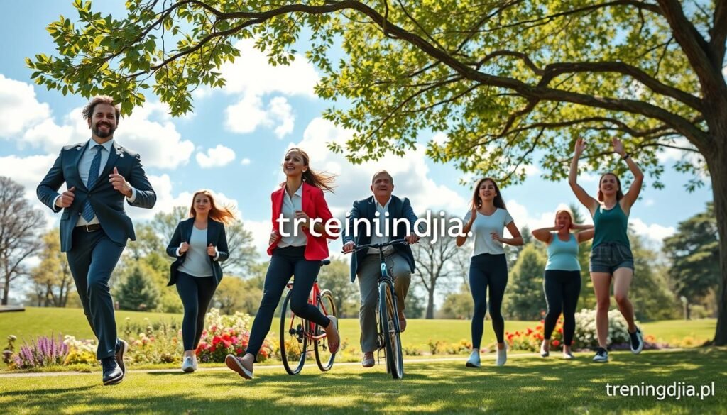 A vibrant and dynamic scene capturing the essence of physical activity. In the foreground, a diverse group of individuals dressed in professional business attire engages in various forms of exercise, such as jogging, cycling, and yoga, each showcasing joy and focus. In the middle, a park filled with green landscapes, colorful flowers, and trees creates an inviting atmosphere. The background features a bright blue sky with fluffy white clouds, symbolizing freedom and vitality. The sunlight filters through the branches, casting warm highlights and gentle shadows. Use a lens that captures the energy and movement of the scene, emphasizing the positivity of regular physical activity. The overall mood is uplifting and inspiring, reflecting the significant impact of exercise on quality of life. Include the brand name "treningdnia.pl" subtly integrated into the environment.