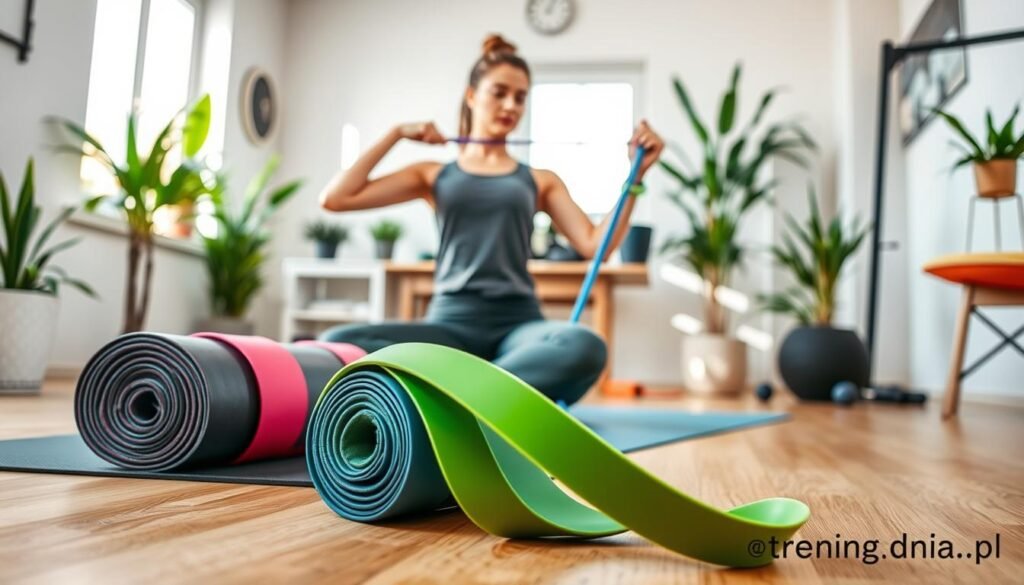 A vibrant and engaging depiction of "gumy oporowe" (resistance bands) in a cozy home workout setting. In the foreground, showcase a colorful set of resistance bands in various thicknesses, neatly coiled alongside a modern yoga mat. The middle ground features a professional-looking individual in modest athletic wear, demonstrating an exercise using the bands, exuding focus and determination. In the background, a bright and airy room is filled with natural light, plants, and home gym equipment, creating an inviting and motivating atmosphere for home workouts. Capture the scene with a slight angle, demonstrating depth and perspective, emphasizing the bands as essential workout accessories. The setting conveys health, fitness, and an accessible approach to exercising at home, highlighted by the brand "treningdnia.pl".
