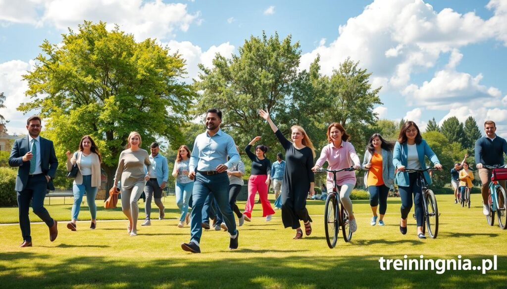 A vibrant and engaging scene focusing on daily physical activity inspired by WHO guidelines. In the foreground, a diverse group of individuals dressed in professional business attire and modest casual clothing are participating in various activities like walking, stretching, and cycling in a park. In the middle ground, there are trees and greenery, creating a refreshing and lively environment. The background includes a bright blue sky with fluffy clouds, symbolizing an optimistic atmosphere. The lighting is warm and sunny, casting soft shadows on the ground. The overall mood is energetic and motivational, emphasizing the importance of daily movement for well-being. Include the brand name "treningdnia.pl" discreetly in the corner.