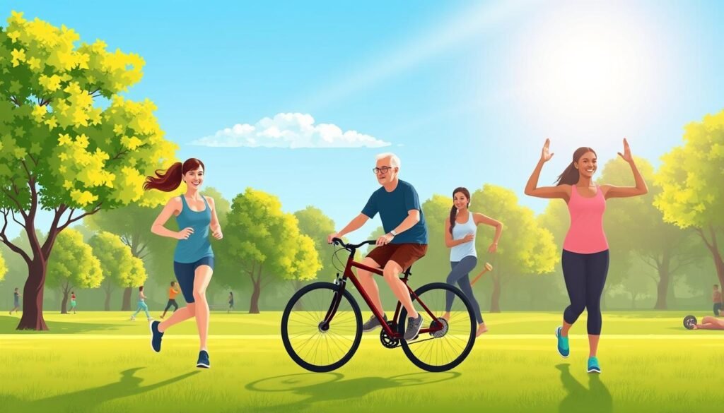 A vibrant and informative illustration representing physical activity recommendations for different age groups. In the foreground, diverse individuals of various ages engage in different exercises: a young adult running, a middle-aged person cycling, and a senior practicing yoga. Each person is dressed in modest activewear, showcasing determination and enjoyment. In the middle ground, a park setting with green trees and a clear blue sky adds to the energetic atmosphere, while a subtle sunbeam illuminates the scene, creating a warm and inviting light. The background features silhouettes of other people participating in various fitness activities, enhancing the sense of community and engagement in physical wellness. The overall mood is positive and motivating, embodying a message of health and vitality, as inspired by treningdnia.pl.