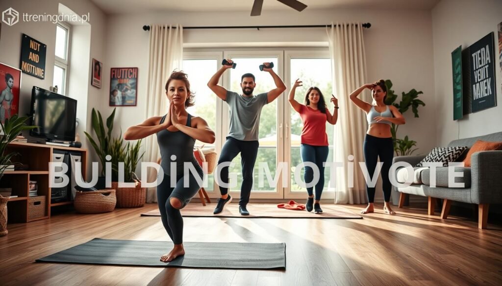 A vibrant and inspiring home workout scene featuring a diverse group of individuals exercising together in a cozy, well-lit living room. In the foreground, a woman in modest athletic wear is performing yoga poses on a mat, radiating focus and determination. In the middle, a man is lifting weights, showing strength and motivation, while another person is doing stretches, encouraging a supportive atmosphere. The background includes motivational posters on the walls and a large window allowing natural light to flood the space, creating an uplifting and energetic mood. The scene reflects a sense of community and commitment to fitness, emphasizing the theme of building motivation for regular exercise. The image should capture a lively and encouraging ambiance that resonates with the theme from "treningdnia.pl."