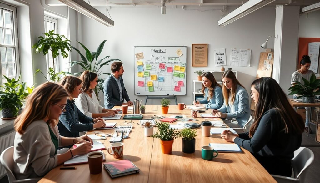 A vibrant and inspiring scene depicting daily activity in a organized workspace, embodying the concept of habit formation. In the foreground, a diverse group of professionals in modest casual clothing collaborates around a large table covered with notebooks, coffee cups, and plants. In the middle, bright windows flood the room with natural light, illuminating a whiteboard filled with colorful sticky notes and diagrams of daily routines. The background features an open office area with green indoor plants and motivational posters, creating a cheerful and energetic atmosphere. The composition captures a dynamic angle, emphasizing the interaction among the team, while soft shadows add depth. This image is designed to reflect the positive power of habits in daily life, highlighting the essence of "treningdnia.pl".
