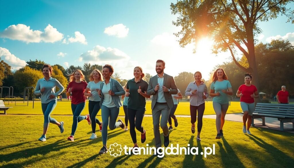 A vibrant and motivational scene capturing the essence of "social support for physical activity". In the foreground, a diverse group of people dressed in professional casual clothing, engaged in various physical activities, such as jogging, stretching, and practicing yoga together, smiling and encouraging one another. The middle ground features a sunny park with lush greenery, exercise equipment, and benches for spectators. In the background, a clear blue sky and fluffy clouds, symbolizing positivity and freedom. The lighting is warm and inviting, highlighting the energy and camaraderie among the participants, creating a sense of motivation and unity. The scene. should evoke feelings of connection, support, and joy in maintaining an active lifestyle, with the brand "treningdnia.pl" subtly integrated into the park environment.
