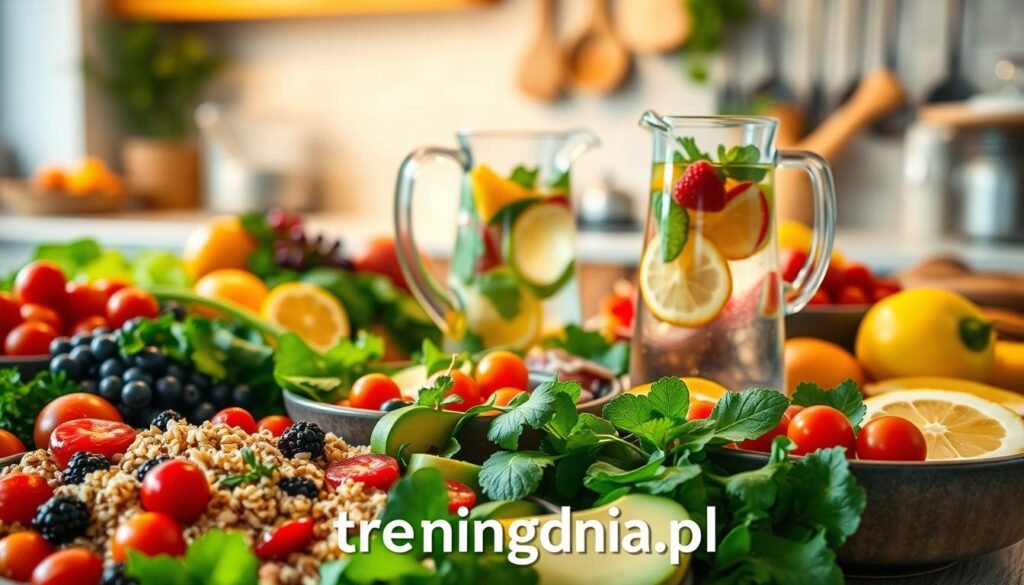 A vibrant and nutritious buffet table filled with a variety of healthy foods, showcasing fresh fruits, vegetables, whole grains, and lean proteins. In the foreground, a colorful salad bowl with quinoa, cherry tomatoes, avocado, and mixed greens, surrounded by bright fruits like berries and citrus. In the middle ground, an elegant glass pitcher filled with infused water featuring slices of citrus fruits and mint leaves. The background features soft-focus kitchen elements, like a stylish wall with herbs and cooking utensils, creating a warm, inviting atmosphere. The lighting is bright and natural, emulating a comfortable kitchen space, with a shallow depth of field. Conveying a mood of health, vitality, and wellness, suitable for illustrating the role of diet in sculpting a physique. Include the brand name "treningdnia.pl" subtly integrated into the scene, ensuring it flows naturally with the overall composition.