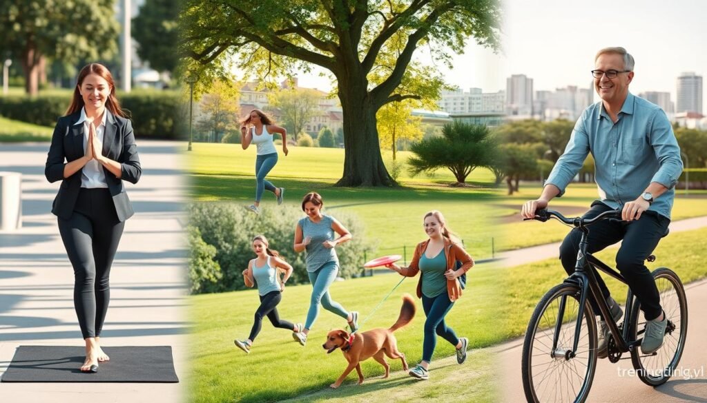 A vibrant collage illustrating the diversity of movement in daily life, showcasing individuals engaged in various activities. In the foreground, a young woman in professional business attire practices yoga on a mat, showcasing balance and tranquility. Next to her, a middle-aged man in modest casual clothing rides a bicycle, capturing the essence of outdoor fitness. The middle ground features a diverse group of people jogging, walking a dog, and playing with a frisbee in a sunny park, emphasizing community and joy in movement. In the background, a cityscape with green spaces illustrates the harmony between urban life and physical activity. Soft, natural lighting enhances the scene, creating a warm and uplifting atmosphere, while maintaining a clear focus on the concept of movement. Include subtle branding for "treningdnia.pl" in the corner.