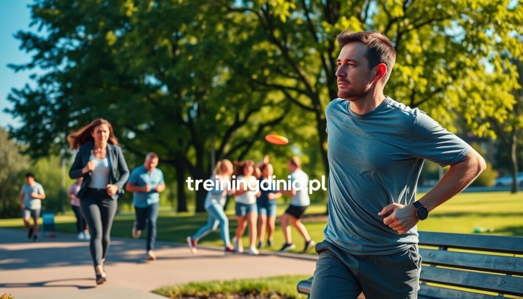 A vibrant, dynamic scene depicting a diverse group of people engaging in various physical activities in a park setting. In the foreground, a woman in professional attire is jogging, her expression focused and determined. To her right, a man in modest casual clothing stretches near a bench. In the middle ground, a small group engages in friendly competition playing frisbee, showcasing teamwork and fun. The background features lush green trees and a clear blue sky, enhancing the sense of an active, healthy lifestyle. Soft, natural lighting casts warm highlights, promoting a positive, energetic atmosphere. The overall composition emphasizes movement and encourages viewers to embrace daily physical activity. Logo "treningdnia.pl" subtly integrated into the scene.